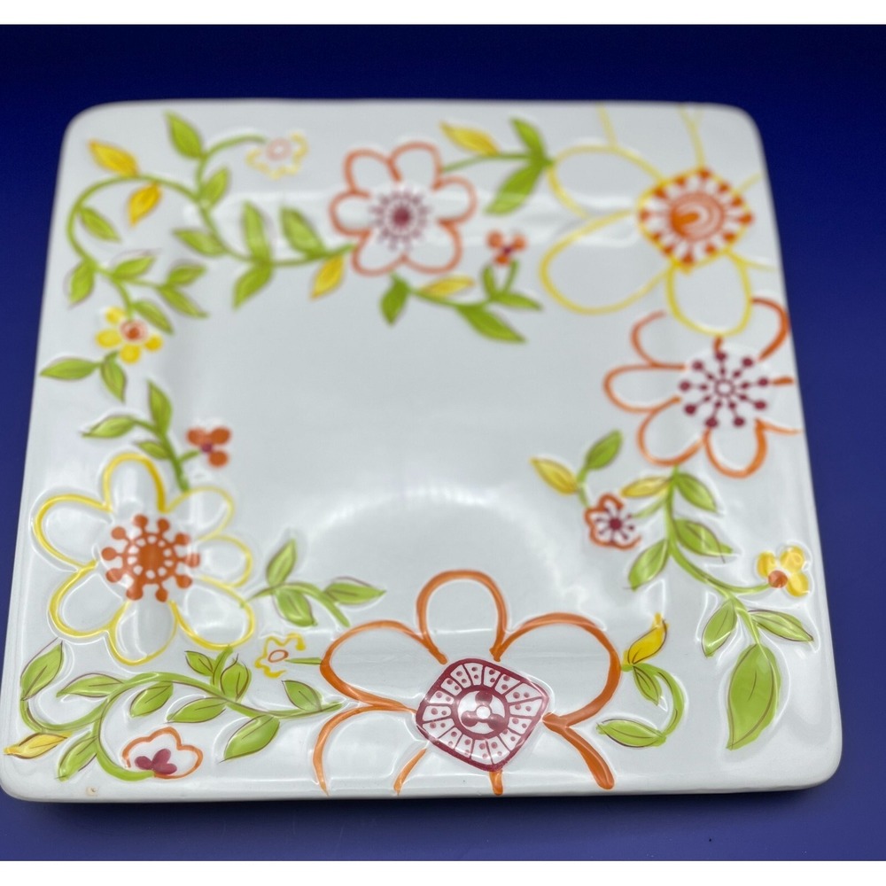 Laurie Gates Tess Square Salad Plate 8.5" Floral Embossed Earthenware Dishwasher